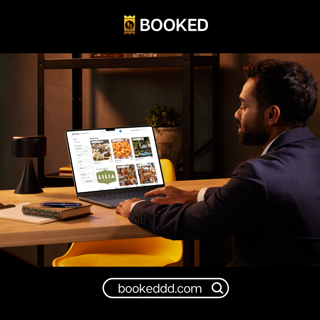 In the image, a professional man is seen browsing the BOOKED platform on his laptop, presumably searching for restaurants. The setting appears modern and office-like, indicating a busy individual taking time to make a dining reservation. The BOOKED logo is prominently displayed, implying the ease and convenience of using the service to secure a coveted restaurant spot in New York. The platform's interface on the screen suggests a user-friendly experience with a variety of culinary options available at the click of a button.